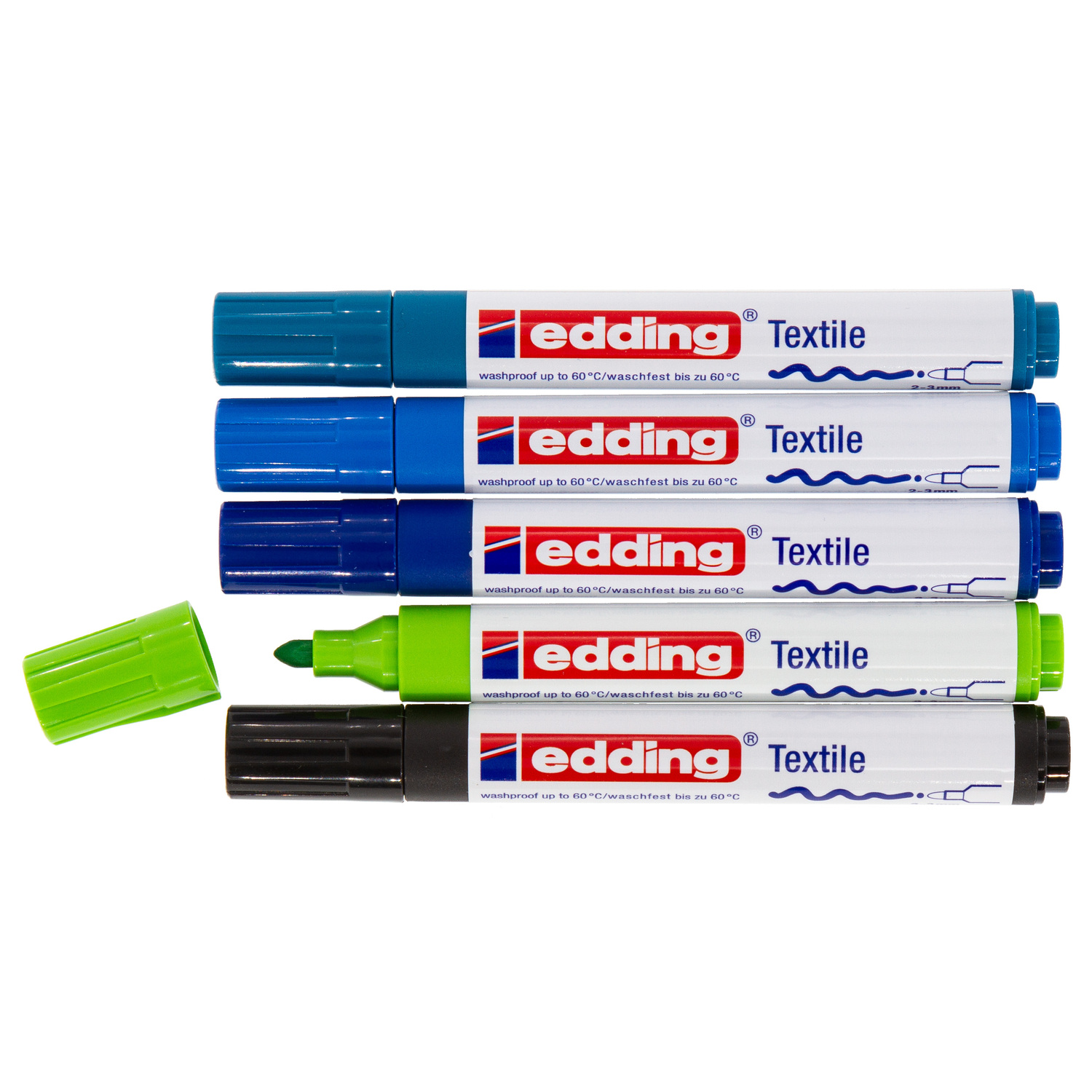 edding Marqueurs pour textiles clairs, tons bleus, 5 marqueurs