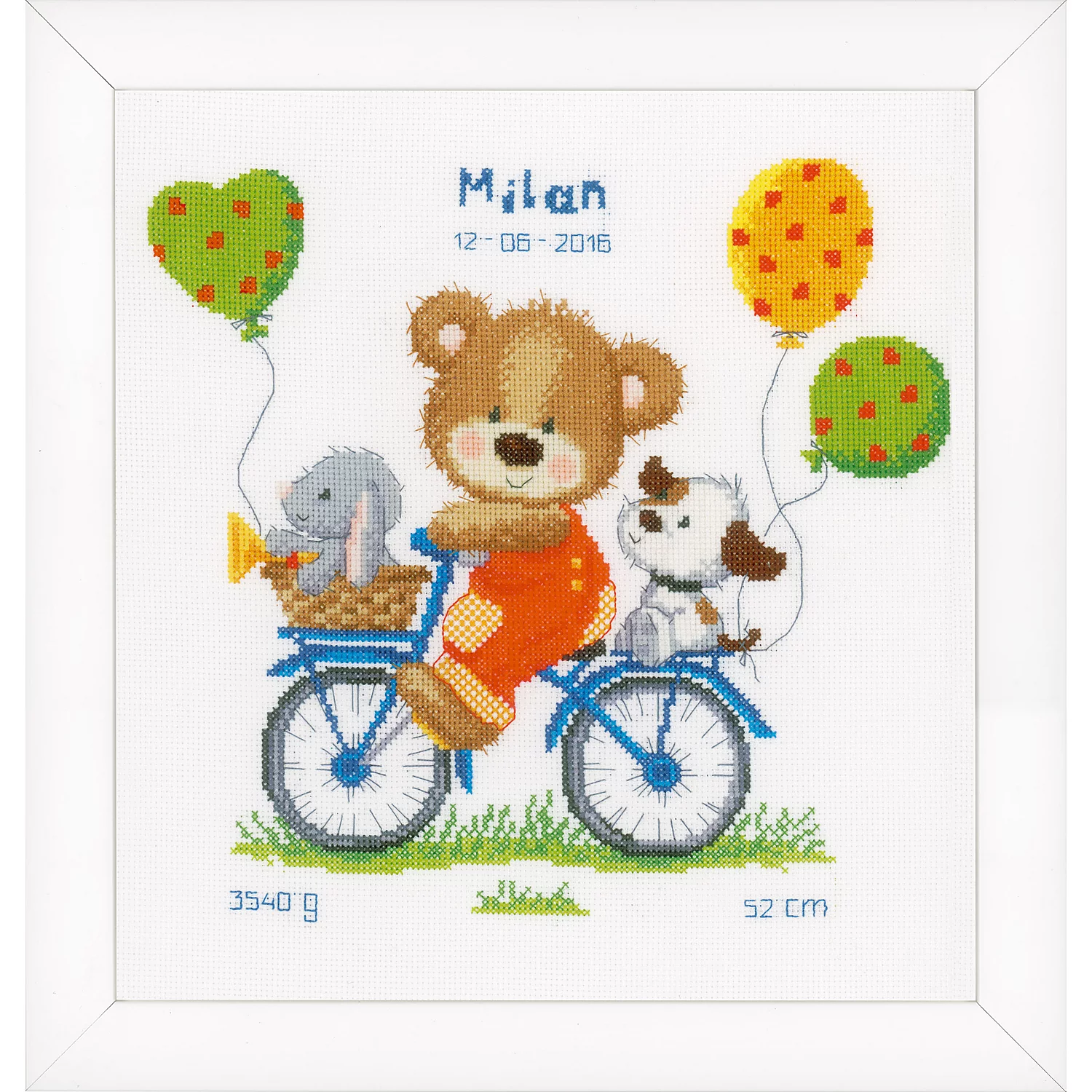 Tableau de naissance à broder "ourson à vélo", 27 x 29 cm