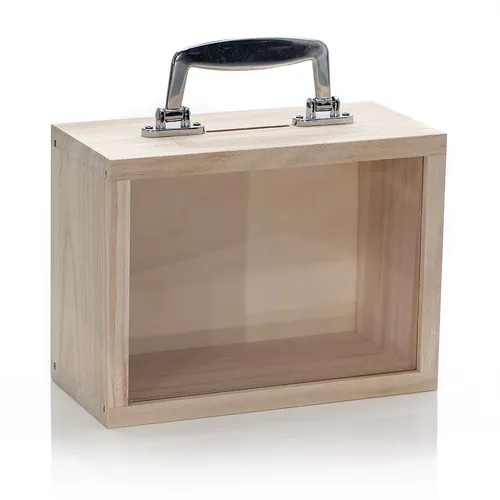 Valise en bois brut, avec fenêtre, 20 x 10 x 15 cm