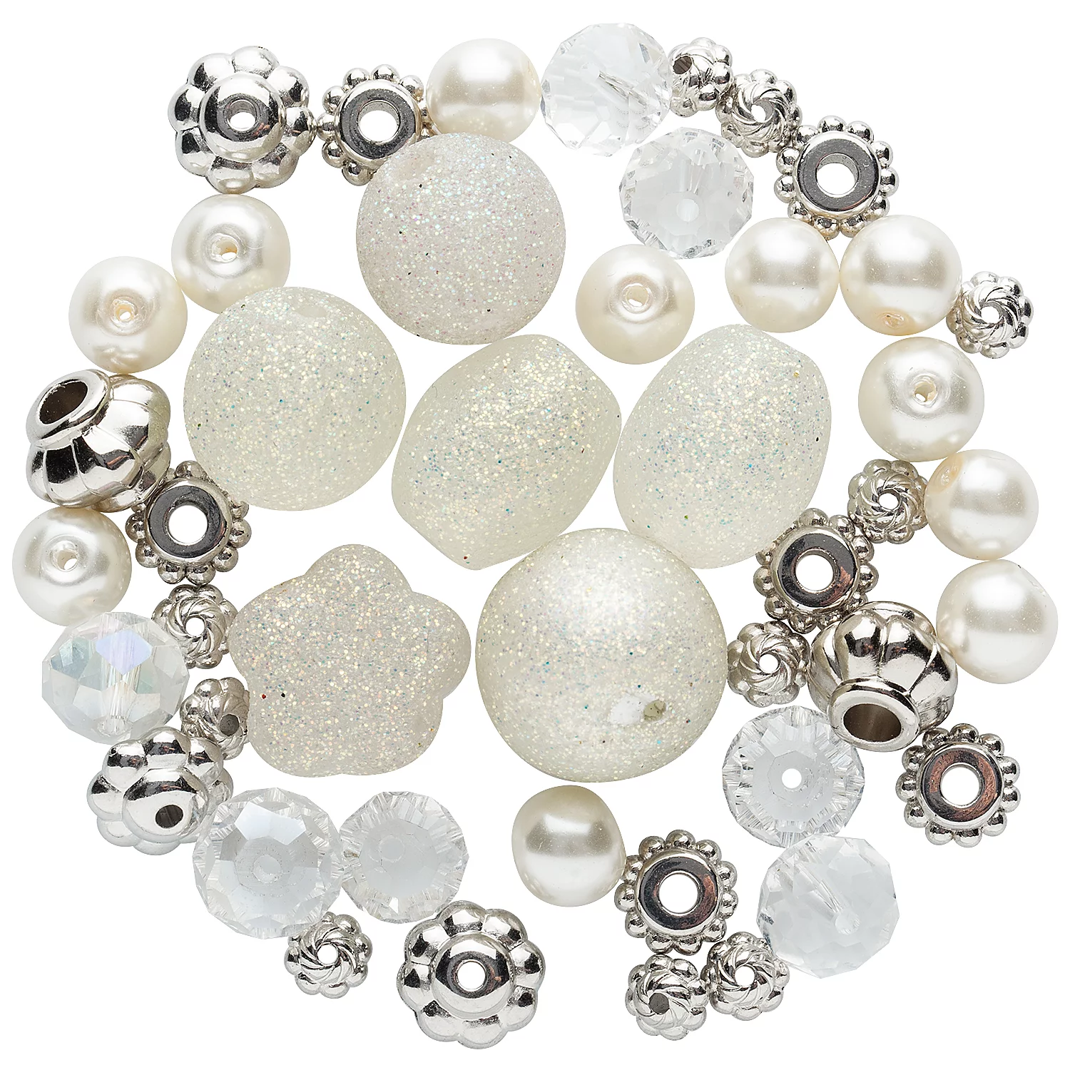 Perlenmix, weiß-silber-Glitzer, 5–15 mm, 45 Stück