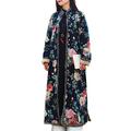 LZJN Women's Warm Fleece Lining Trench Coat Jacket with Floral Print Chinese Style Overcoat (Navy Blue, M)