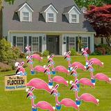 The Holiday Aisle® 13 Piece Set Easter Flamingos Lawn Art, Includes Metal Garden Stakes Plastic in Blue/Pink | 34 H x 23 W x 1 D in | Wayfair