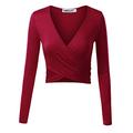 MSBASIC Women’s Long Sleeve Crop Top Deep V Neck Slim Fit Cross Wrap Shirts Crop Tops Shirt Red Medium