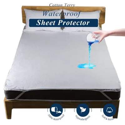 Drap de lit imperméable pour matelas et surmatelas avec bande protège-lit en coton éponge