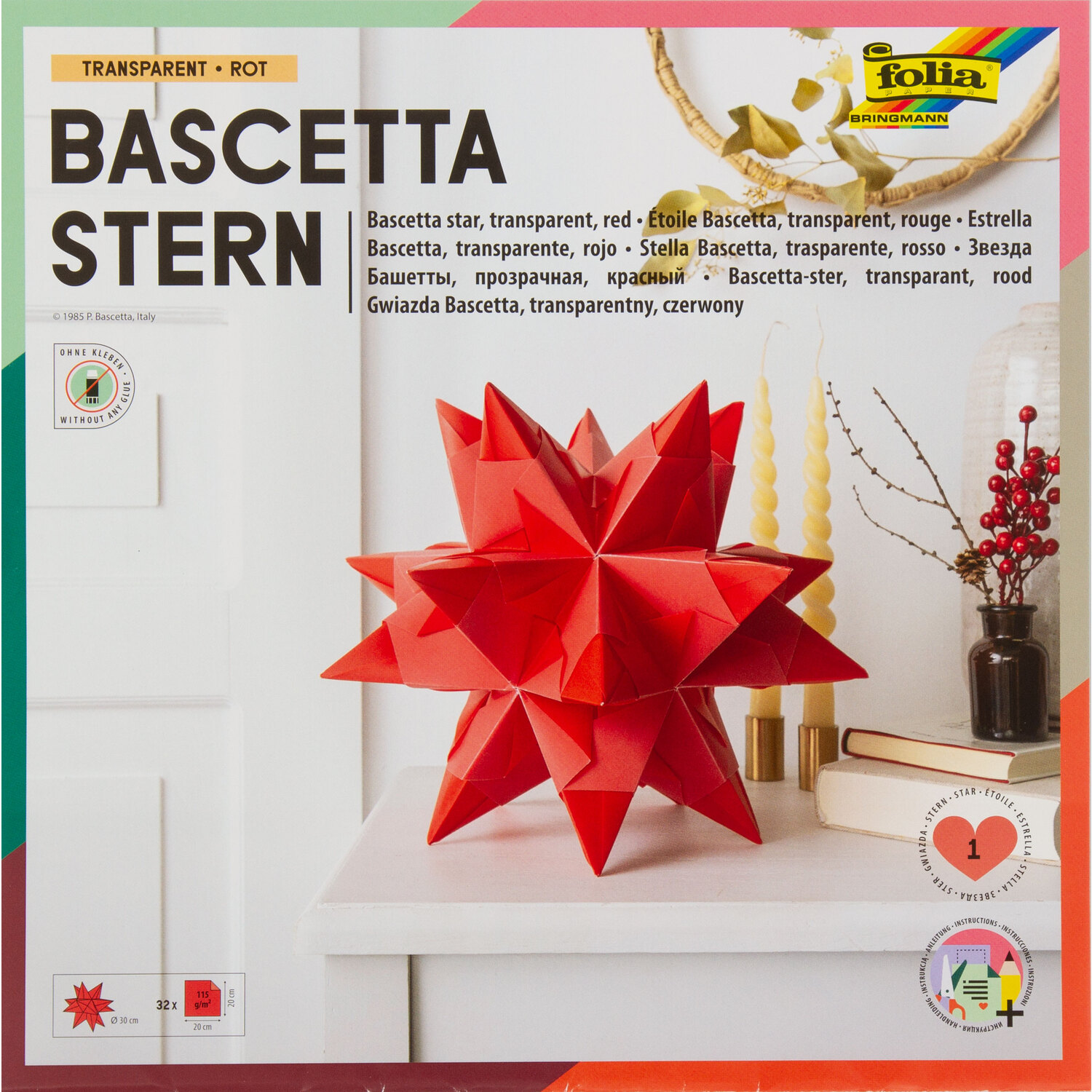 Folia Papier origami "étoile Bascetta", rouge, 20 x 20 cm, 32 feuilles