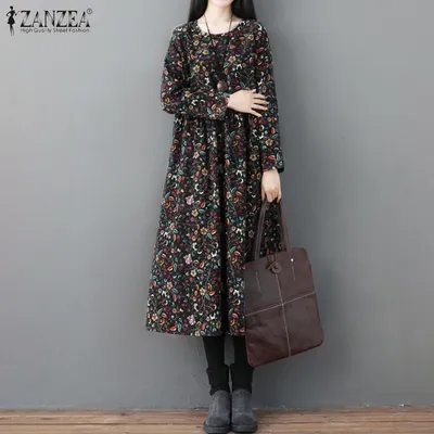 ZANZEA-Robe mi-longue en coton et lin à manches longues pour femme vintage imprimé floral bohème