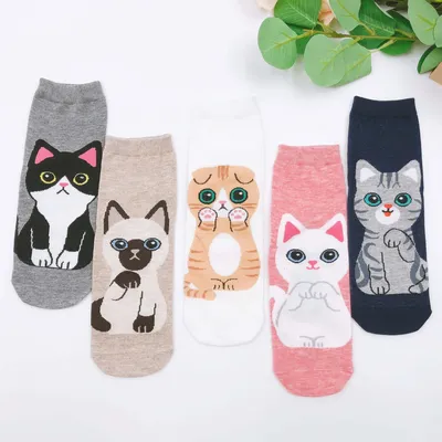 Lot de 5 paires de chaussettes en coton pour femmes motif dessin animé joli chat à la mode Kawaii
