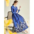 Robe longue élégante en Brocade Jacquard pour femmes manches longues mode bleu Floral vêtements