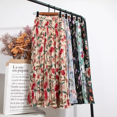 Croysier Femme jupes 2021 jupe plissée longue mi-mollet à imprimé floral taille haute jupe midi en