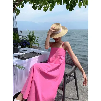INELLO-Robe maxi rose sans manches pour femmes sexy mode d'été plissée bretelles spaghetti