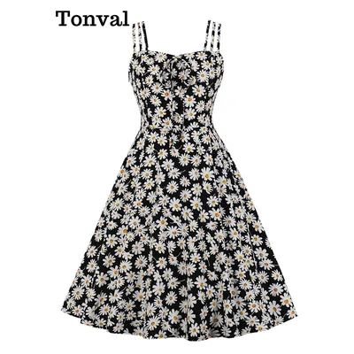 Tonval-Robe trapèze vintage à bretelles spaghetti pour femme nœud frontal imprimé floral mignon