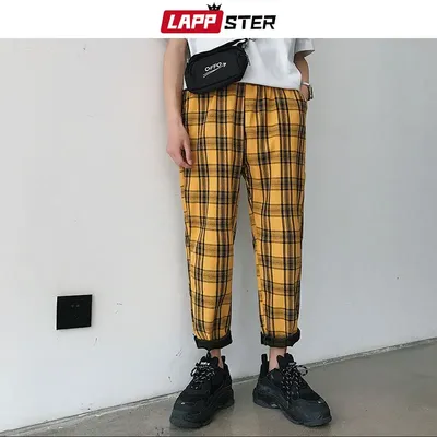 LAPPSTER-Pantalon streetwear jaune à carreaux pour homme jogging décontracté sarouel droit