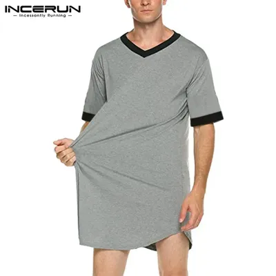 INCERUN Hommes Sleep Robes Chemise De Nuit À Manches Courtes Col En V At Homewear Confortable