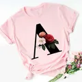 T-shirt rose décontracté avec 26 lettres de l'alphabet anglais pour femme mode Harajuku été