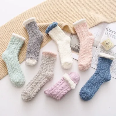 Chaussettes japonaises en velours et corail pour femmes chaudes épaisses roses couleur Pure