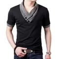 T-shirt manches courtes col V homme slim en coton noir avec boutons à la mode grande taille