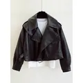 FTLZZ blouson de motard en similicuir femme col rabattu PU Streetwear ample vêtement