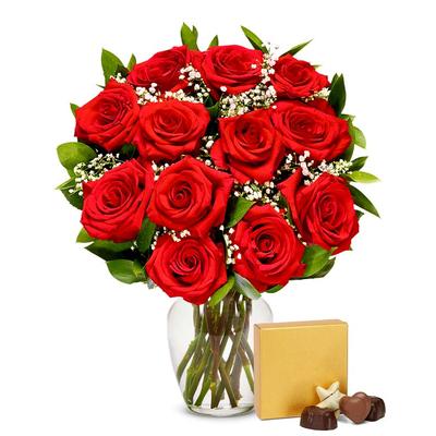 Flowers - One Dozen Red Roses with Chocolates