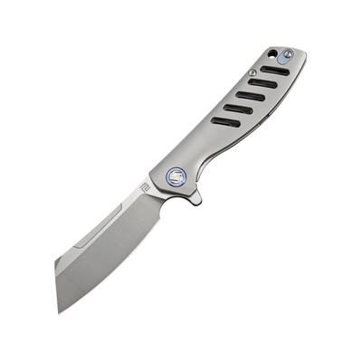 Artisan Cutlery Tomahawk Framelock Folding Knife 4in Closed 3in Satin Bohler M390 SS Blade Gray Titanium Handle Pocket Clip Metal Tin Black Nylon