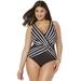 Plus Size Women's Surplice One Piece Swimsuit by Swimsuits For All in Black White Stripe (Size 4)