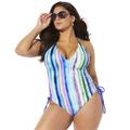 Plus Size Women's Halter Adjustable One Piece Swimsuit by Swimsuits For All in Pastel Stripe (Size 20)