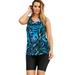 Plus Size Women's Longer-Length Racerback Tankini Top by Swim 365 in Blue Painterly Leaves (Size 34)