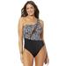 Plus Size Women's One Shoulder Mesh One Piece Swimsuit by Swimsuits For All in Black White Dot (Size 16)