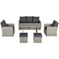 Poly Rattan Sitzgruppe 6 tlg. Garten Essgruppe Sofa-Set Sofa Lounge Hocker Hof Balkon Pool pe