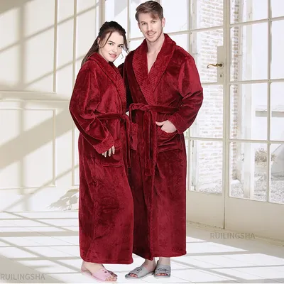 Robe de bain en flanelle Extra longue et épaisse Peignoir chaud pour Femme et homme Peignoir Sexy