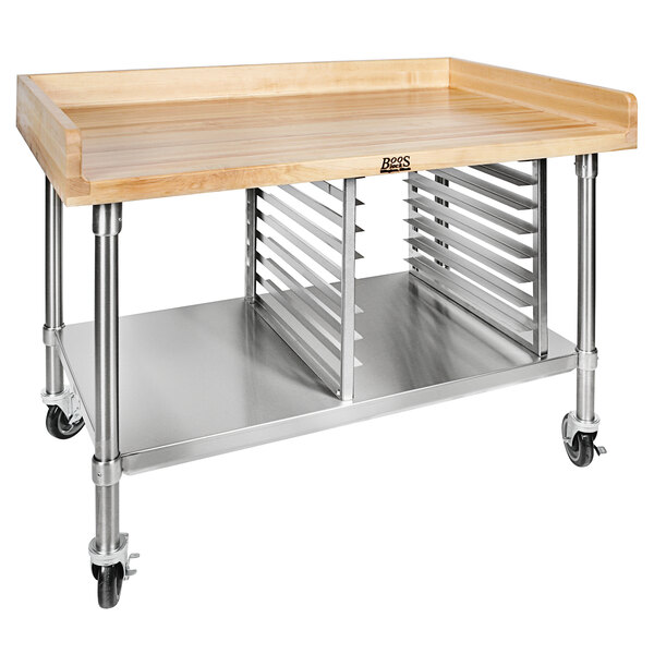 John Boos & Co. BAK02 Wood Top Mobile Baker's Table with Stainless Steel Base, Undershelf, and Bun Pan Rack - 30" x 60"