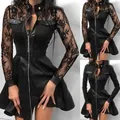 Robe de soirée en faux cuir pour femmes dentelle manches longues poche zippée grand ourlet mini