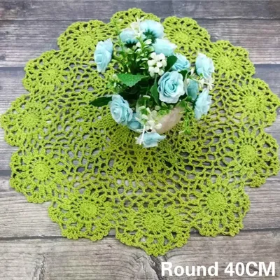 Nappe ronde vintage en coton vert fleurs 3D napperon au crochet tasse à thé tapis de décoration