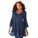 Plus Size Women's Illusion Lace Big Shirt by Roaman's in Navy (Size 18 W) Long Shirt Blouse