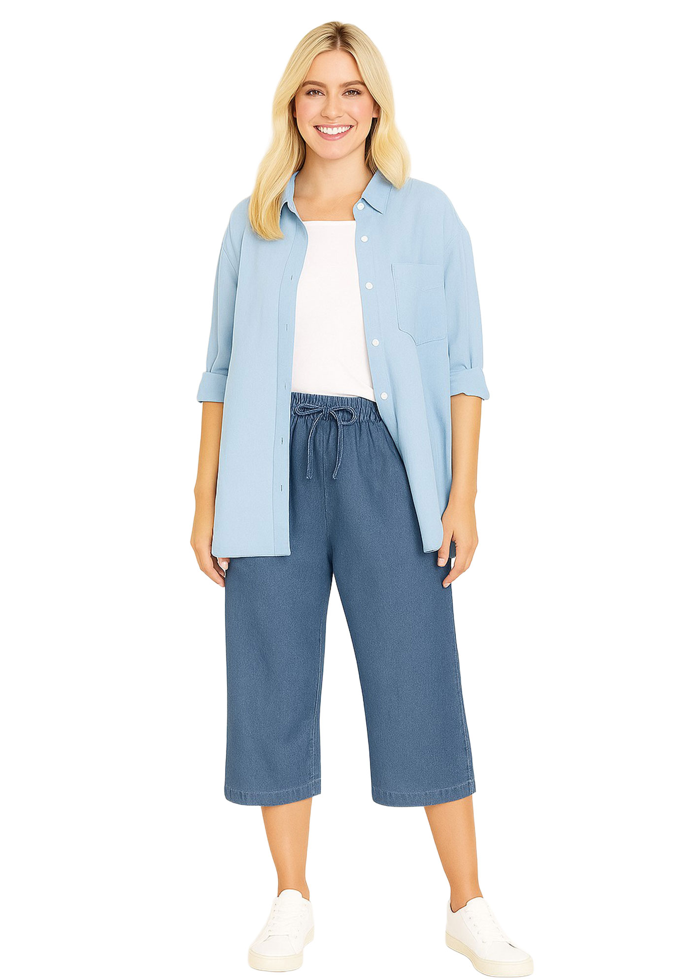 Plus Size Women's Drawstring Denim Capri by Woman Within in Stonewash (Size 14 W) Pants