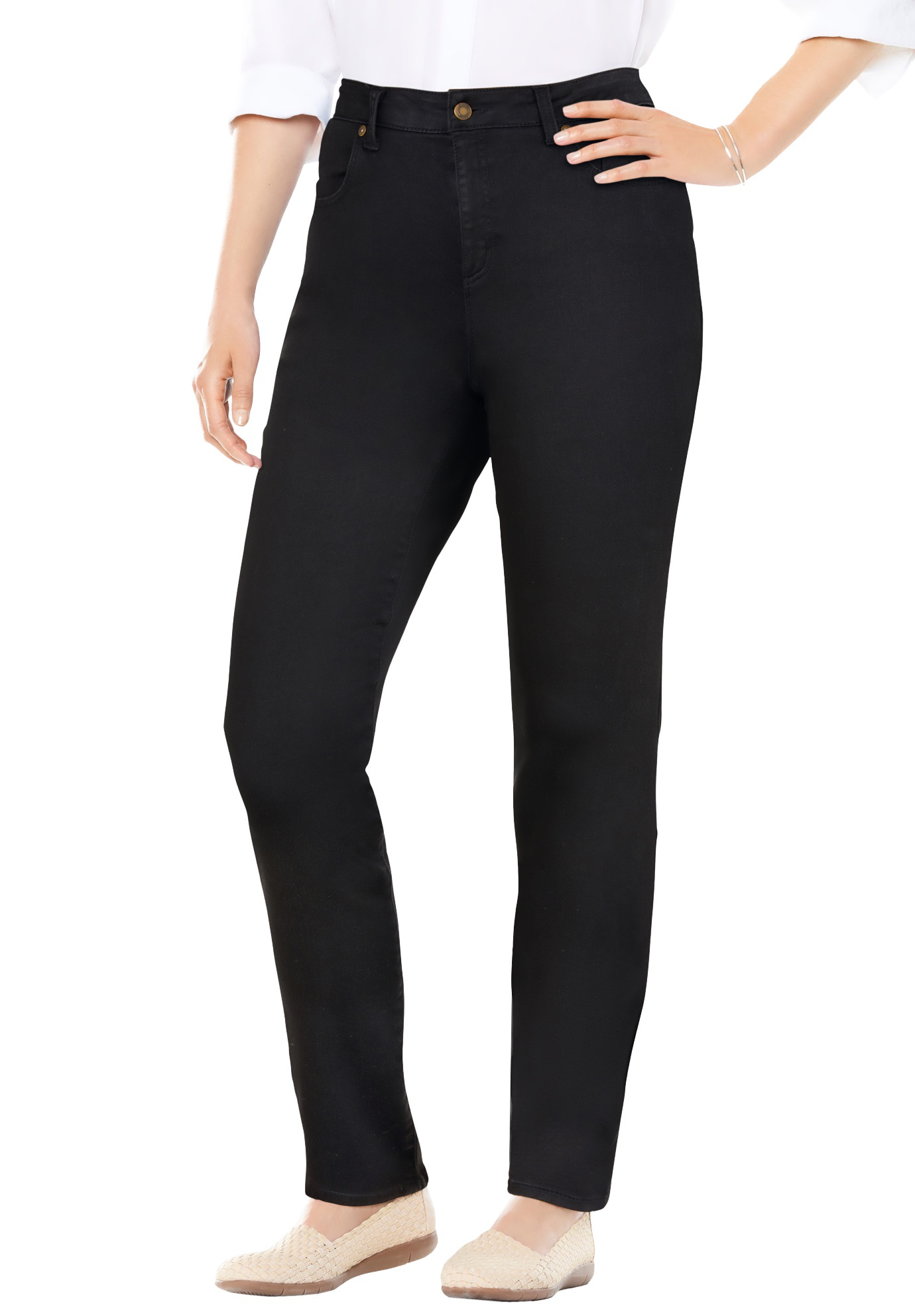 Plus Size Women's Straight-Leg Stretch Comfort Denim Five-Pocket Jeans by Woman Within in Black Denim (Size 14 W)