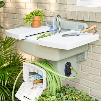 Outdoor Garden Sink with Hose Holder by BrylaneHome in White Reel Potting Station