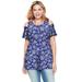 Plus Size Women's Short-Sleeve Cold-Shoulder Tee by Woman Within in Blue Cloud Sketched Floral (Size 14/16) Shirt