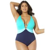 Plus Size Women's Colorblock V-Neck One Piece Swimsuit by Swimsuits For All in Blue (Size 8)