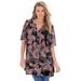 Plus Size Women's Short-Sleeve Angelina Tunic by Roaman's in Black Etched Paisley (Size 32 W) Long Button Front Shirt