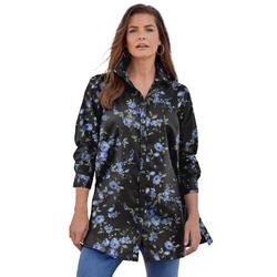 Plus Size Women's Kate Tunic Big Shirt by Roaman's in Blue Rose Floral (Size 24 W) Button Down Tunic Shirt