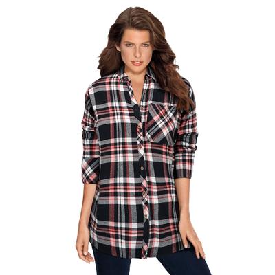 Plus Size Women's Plaid Flannel Tunic by Roaman's in Black Coral Plaid (Size 24 W) Plaid Shirt