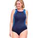 Plus Size Women's Colorblock One-Piece Swimsuit with Shelf Bra by Swim 365 in Navy Dream Blue (Size 28)