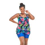 Plus Size Women's Longer Length Mesh Tankini Top by Swim 365 in Black Tropical Floral (Size 30)