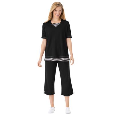 Plus Size Women's Striped Inset & Capri Set by Woman Within in Black Mini Stripe (Size 26/28) Pants