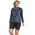 Plus Size Women's Chlorine Resistant Long-Sleeve Colorblock Swim Tee by Swim 365 in Blue Painterly Leaves (Size 14)