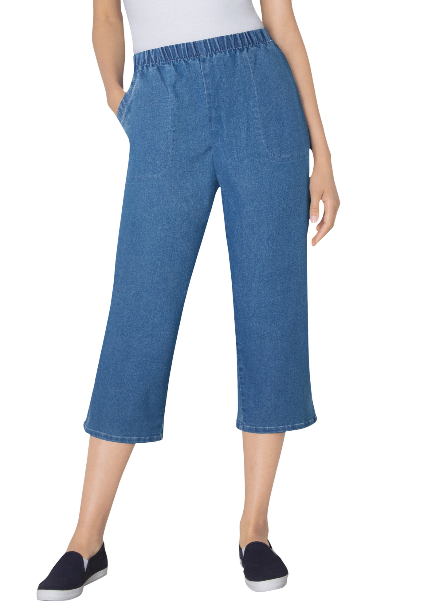 Plus Size Women's Fineline Stretch Denim Pull-On Capri Jeans by Woman Within in Light Stonewash (Size 38 WP)