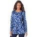 Plus Size Women's Long-Sleeve Crewneck Ultimate Tee by Roaman's in Navy Watercolor Flowers (Size 6X) Shirt