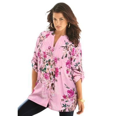 Plus Size Women's English Floral Big Shirt by Roaman's in Pink Romantic Rose (Size 32 W) Button Down Tunic Shirt Blouse