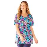 Plus Size Women's Easy Fit Short Sleeve V-Neck Tunic by Catherines in Blue Floral Tropical (Size 1X)