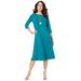 Plus Size Women's Ultrasmooth® Fabric Boatneck Swing Dress by Roaman's in Deep Turquoise (Size 42/44) Stretch Jersey 3/4 Sleeve Dress